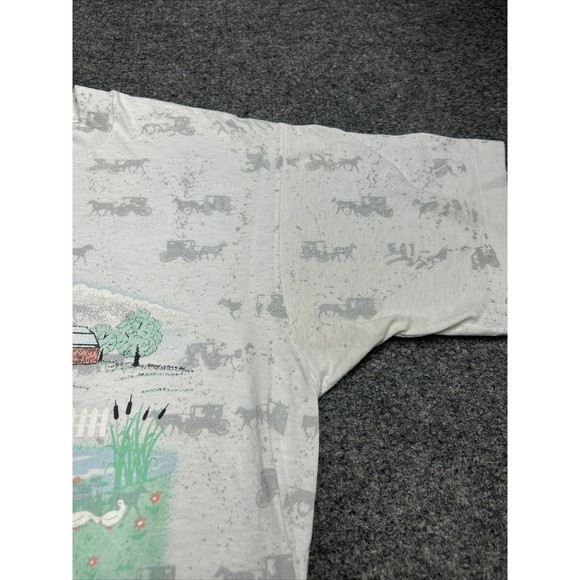 Vintage 90s White AOP Farmland Omish Graphic T-Shirt Single Stitch Size Large - Picture 4 of 10